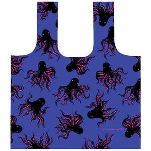 May include: A reusable tote bag in a vibrant blue color featuring a repeating pattern of black octopuses with pink suckers on their tentacles. The text BY SARAH WATTS is printed in small pink letters near the bottom right corner of the bag.