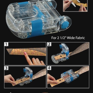 Könnte beinhalten: Ein klarer und blauer Magic Binding Maker mit Binding Spool für 6,35 cm breiten Stoff. Das Bild zeigt das Werkzeug und die Schritte zur Herstellung einer scharfen Falzbindung. Der Text lautet "No-Iron E-Z Fold Binding" und "Makes Sharp Crease Binding!"
