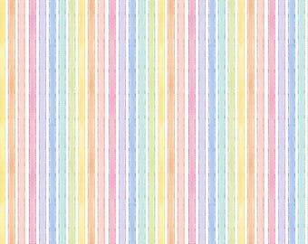 May include: A seamless pattern with vertical stripes in pastel shades of yellow, pink, blue, green, and orange. The stripes are regularly spaced, creating a bright and colourful design. The background is white, and the overall effect is soft and inviting.