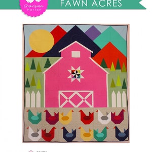 May include: A pink barn quilt pattern with a star in the center and a white picket fence. The barn is surrounded by green trees, a yellow sun, and a blue sky with purple and teal mountains. The quilt pattern is part of the "The Little Pink Barn Series" and is available in two sizes: 72 inches by 84 inches and 48 inches by 56 inches.
