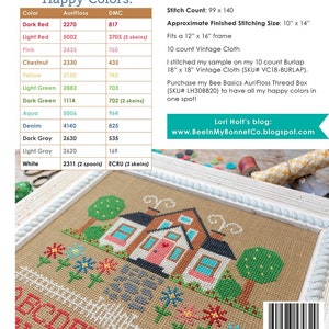 Puede incluir: Patr&oacute;n de punto de cruz para una caba&ntilde;a con jard&iacute;n. El patr&oacute;n incluye una variedad de colores, incluyendo rojo, rosa, verde y amarillo. El patr&oacute;n se titula "Quilter's Cottage Cross Stitch" e incluye una lista de colores de hilo y n&uacute;meros DMC. El patr&oacute;n est&aacute; disponible en It's Sew Emma.