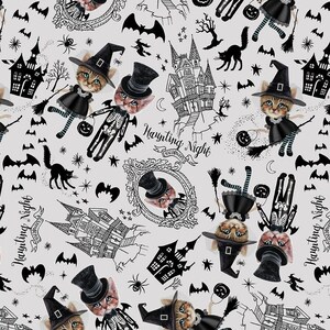 May include: A black and white Halloween themed fabric featuring a repeating pattern of cats dressed as witches and skeletons, haunted houses, bats, stars, and the text "Haunting Night".