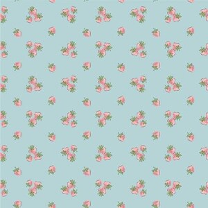 May include: A seamless pattern featuring pink strawberries on a light blue background. The strawberries are arranged in a repeating pattern, creating a cheerful and whimsical design.