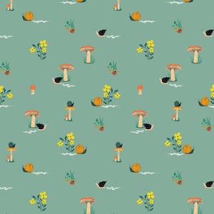Puede incluir: Un patrón sin costuras con un diseño repetitivo de setas, caracoles, mariquitas y flores sobre un fondo verde azulado.