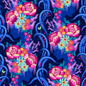 May include: A seamless pattern featuring a silhouette of a woman's face with a crown of colorful flowers on a dark blue background. The flowers are pink, yellow, blue, and green.