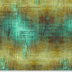 May include: Vintage-style fabric with a textured finish. The design incorporates teal, brown, and gold hues, with faded script and musical notes. The words "Georges Guillement" and "Piano Sorte" are visible.