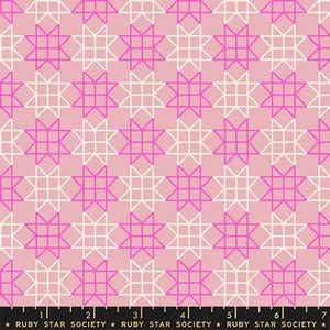 May include: Pink fabric with a geometric star pattern in white and magenta. The design features a repeating pattern of stars and grid lines. The fabric has a light pink background. The text "RUBY STAR SOCIETY" is at the bottom.