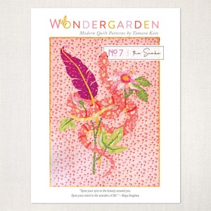 May include: A pink and green quilt pattern featuring a snake, leaves, and flowers. The pattern is titled "The Snake" and is part of the Wondergarden collection of modern quilt patterns by Tamara Kate.