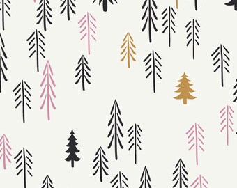 May include: A seamless pattern featuring stylized black, pink, and gold trees on a white background. The trees are drawn in a simple, minimalist style.