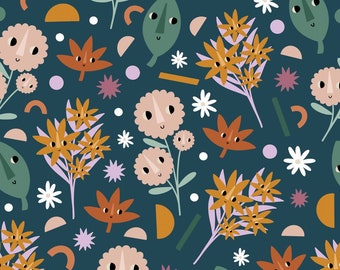 May include: A seamless pattern featuring a variety of colorful, whimsical illustrations. The pattern includes flowers, leaves, and geometric shapes in shades of orange, pink, green, and blue on a dark blue background.