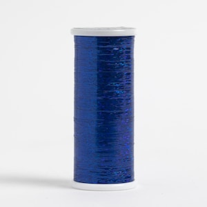 May include: A spool of vibrant blue thread with a shimmering, iridescent finish. The thread is tightly wound around a white plastic spool, creating a cylindrical shape. Ideal for sewing, embroidery, or crafting projects.