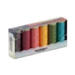 May include: A box set of Wonderfil brand thread spools in various colors. The spools are arranged in a row, showcasing shades of burgundy, pink, yellow, green, and teal. The box has a clear front, allowing visibility of the thread colors.