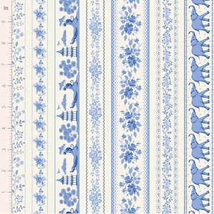 May include: A fabric sample featuring a repeating pattern of blue and white stripes. The design includes floral, pagoda, and elephant motifs. The fabric is measured in inches, with a ruler along the left edge.