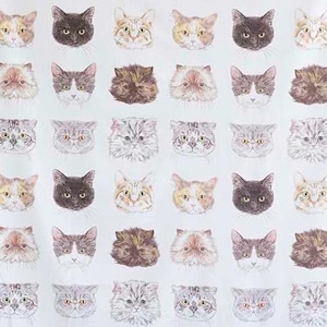 May include: A repeating pattern of cat faces in various colors and fur textures. The cats' faces are depicted in a variety of colors, including black, brown, gray, and orange, with different fur patterns. The background is white.
