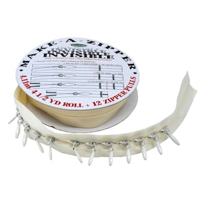 May include: A roll of cream-colored invisible zipper tape with 12 zipper pulls. The packaging reads "MAKE-A-ZIPPER INVISIBLE." The roll contains 4.11 meters or 4 1/2 yards of zipper tape. The zipper teeth are silver.