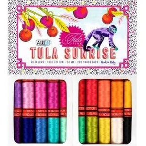 May include: A package of Tula Sunrise thread with 28 colors, 100% cotton, and 220 yards each. The packaging features a monkey illustration, fruit, and text. The thread spools are in shades of pink, blue, green, yellow, and red.