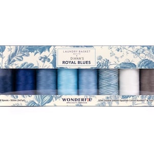 May include: A box of 8 spools of 500m (547yd) Wonderfil Specialty Threads in a variety of blue shades, labeled "Diana's Royal Blues". The box features a floral design with a blue and white color scheme.