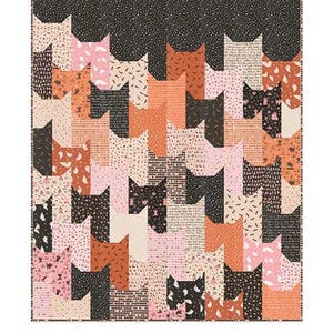 May include: A quilt pattern titled Purrville featuring a repeating tessellated cat silhouette design in shades of black, pink, and orange with various small-scale prints. The text reads Purrville, Fat Quarter Friendly + Three Sizes, and by Chrissy Lux of Branch & Blume.