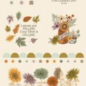 May include: A fabric panel with autumnal illustrations. Designs include pumpkins, stacks of books, falling leaves, a coffee cup, and sunflowers. Text includes "Hello Pumpkin" and "Leaves are falling, Cozy time is calling."