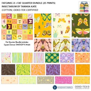 Può includere: Un pacchetto di tessuto di cotone con 25 stampe, con disegni di insetti e farfalle. Il pacchetto include vari colori e motivi, con il testo "INSECTARIUM BY TAMARA KATE" e "OEKO-TEX CERTIFIED". Il pacchetto include Square Dance: 54651DP-X Multi.
