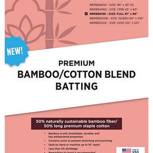 May include: A pink and white product information sheet for Brewer premium bamboo/cotton blend batting. The sheet includes the text "NEW!" and details about the product's composition, features, and sizes, including a full size of 206cm x 241cm.