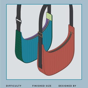 Könnte beinhalten: Illustration von zwei gesteppten Crescentwood-Taschenmustern in Teal und Rot. Die Taschen haben schwarze Riemen und Reißverschlüsse. Die fertige Größe beträgt 33 cm breit, 28 cm hoch und 10 cm tief.