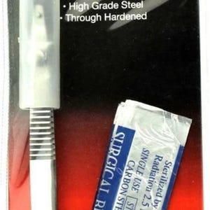 May include: A Janome 5.5 inch stainless steel seam ripper with three blades. The ripper has a white handle and a silver blade. The packaging includes a single-use sterile surgical blade.