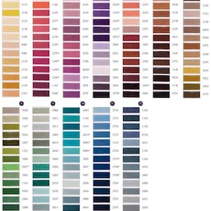 Könnte beinhalten: Eine Farbkarte von DMC Stickgarn mit über 200 verschiedenen Farben. Die Karte ist nach Farbfamilien geordnet, wobei jede Farbe durch ein kleines Garnknäuel dargestellt wird.