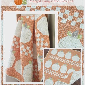 May include: A quilt pattern titled Log Cabin Pumpkins by The Pattern Basket and Margot Languedoc Designs. The quilt features a repeating pattern of white pumpkins with green and gray stems set against an orange floral background fabric.