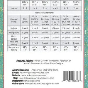 May include: A quilting pattern for a quilt called "Aster" with fabric requirements for different sizes, including wall, lap, throw, twin, queen, and king. The pattern features a table with fabric requirements for each size, including the number of fat eighths, fat quarters, and yards of fabric needed. The pattern also includes a list of featured fabrics, contact information for the designer, and copyright information.