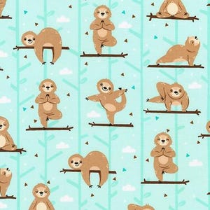 May include: A repeating pattern of brown sloths in various yoga poses on a light blue background. The sloths are on branches with brown and green leaves. The background is decorated with brown and blue triangles.