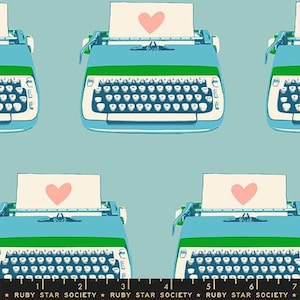 May include: A repeating pattern of vintage typewriters in teal, green, and white, each with a paper displaying a pink heart. The background is a light blue. The text at the bottom reads "RUBY STAR SOCIETY".
