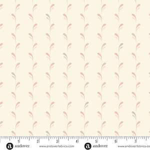 May include: A seamless fabric pattern with a repeating design of delicate, stylized leaves in shades of pink and green on a cream background. The pattern is perfect for quilting, crafting, and home decor projects.
