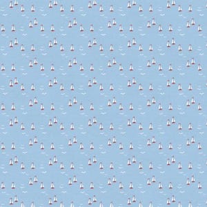 May include: A light blue background with a repeating pattern of white sailboats with red accents. The sailboats are evenly spaced and create a nautical theme.