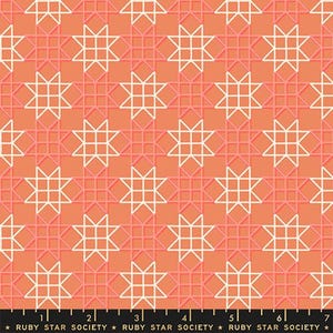 May include: A repeating pattern of white star-like shapes and grid lines on a coral background. The design is geometric and symmetrical, with a textured appearance. The text "RUBY STAR SOCIETY" is at the bottom.