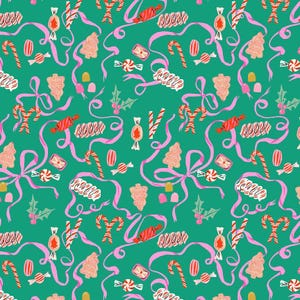 May include: A seamless pattern featuring pink ribbon, candy canes, and Christmas-themed treats on a teal background.