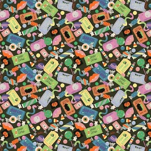 May include: A dark green fabric pattern featuring a repeating Halloween-themed design of candy, tickets labeled Candy Crawl, Monster Mash, and Boogie Night, alongside illustrations of eyeballs, pumpkins, ghosts, and colorful lips.