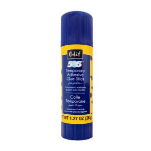 May include: A blue and yellow glue stick labelled "Odif 505 Temporary Adhesive Glue Stick for fabric". The glue stick is transparent, washable, and doesn't gum needles. It is also labelled "Colle Temporaire pour tissu" in French. The glue stick weighs 1.27 ounces (36 grams).