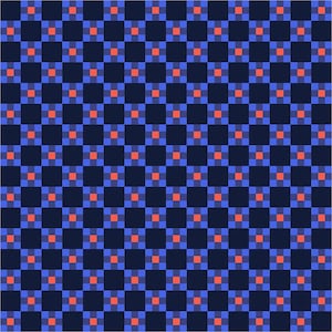 Pode incluir: Um padrão geométrico repetitivo com uma grade de quadrados azul-marinho escuro intercalados com quadrados menores de cor laranja vibrante e azul médio, criando um design xadrez estruturado e multicolorido em toda a superfície.