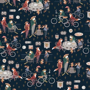 May include: A whimsical pattern featuring foxes, rabbits, and frogs enjoying tea, riding bicycles, and socialising in a woodland setting. The background is a dark blue with a repeating pattern of small floral motifs.