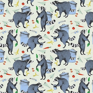May include: A repeating pattern of raccoons holding various items, including a banana peel, a carrot, a leaf, and a small blue bin. The raccoons are drawn in a cartoon style with black outlines and blue and gray coloring. The background is a light cream color.
