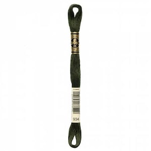 May include: A spool of DMC embroidery floss in color 934, a dark green shade. The spool is labeled with the DMC logo and the number 25.