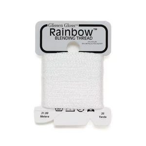 May include: A spool of white Glissen Gloss Rainbow Blending Thread on a rectangular card. The label reads Glissen Gloss Rainbow Blending Thread, 50% nylon, 50% metallic polyester, 31.99 meters, and 35 yards, with laundry care icons at the bottom.