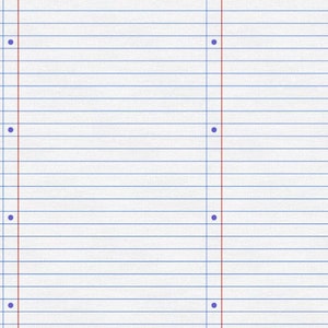 May include: A white sheet of lined paper with blue lines and red margins. There are four blue dots on the left and right sides of the paper.