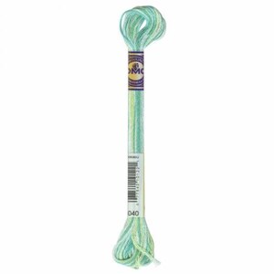 May include: A skein of DMC embroidery floss in a light green, yellow, and blue color combination. The floss is wound around a white cardboard spool with a blue and gold label that reads "DMC Mouliné Special" and "040".