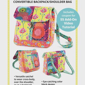May include: A colorful Switchback convertible backpack/shoulder bag with a floral pattern. The bag features a variety of colors, including yellow, pink, and blue. The image also includes the text "Switchback" and "byannie.com".