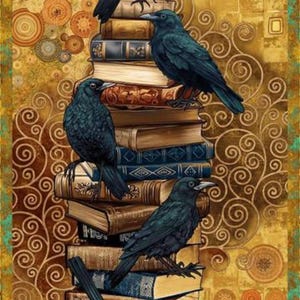 May include: An artistic illustration features five black crows perched on a stack of old books. The books have aged, textured covers in shades of brown and gold. The background is a decorative pattern with circular and swirling designs.