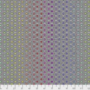 May include: A fabric with a repeating pattern of black and white outlined hexagons. Each hexagon is filled with a gradient of colors, transitioning from green to yellow, orange, red, purple, and blue. The pattern is evenly spaced.