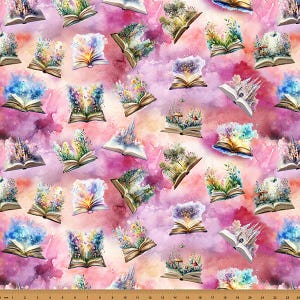May include: A fabric pattern featuring an array of open books against a pink and purple watercolor background. Each book displays a unique scene emerging from its pages, including castles, floral arrangements, and forest landscapes in vibrant colors.