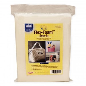 May include: A white sheet of Pellon Flex-Foam Sew-In fabric, a lightweight, sew-in interfacing for crafts and home decor. The packaging shows a yellow label with the product name and features, along with images of finished projects.